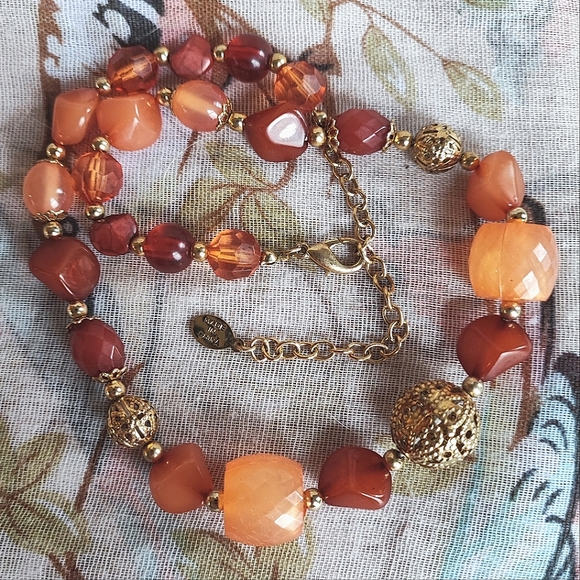 Robert Rose Signed Acrylic Tumbled Stones Gold Filigree Beads Choker Necklace - Picture 9 of 14